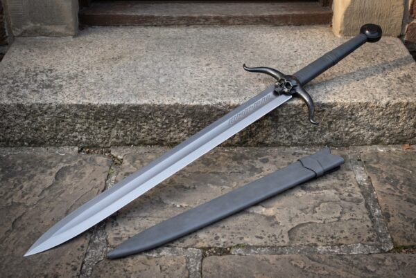 Boneclasp Hand Forged 1095 Steel Skull Sword | 32 Inch Overall | Blackened Skull Guard and Chevron Etched Blade with Black Leather Scabbard | Fantasy Display Gift | RK-1939