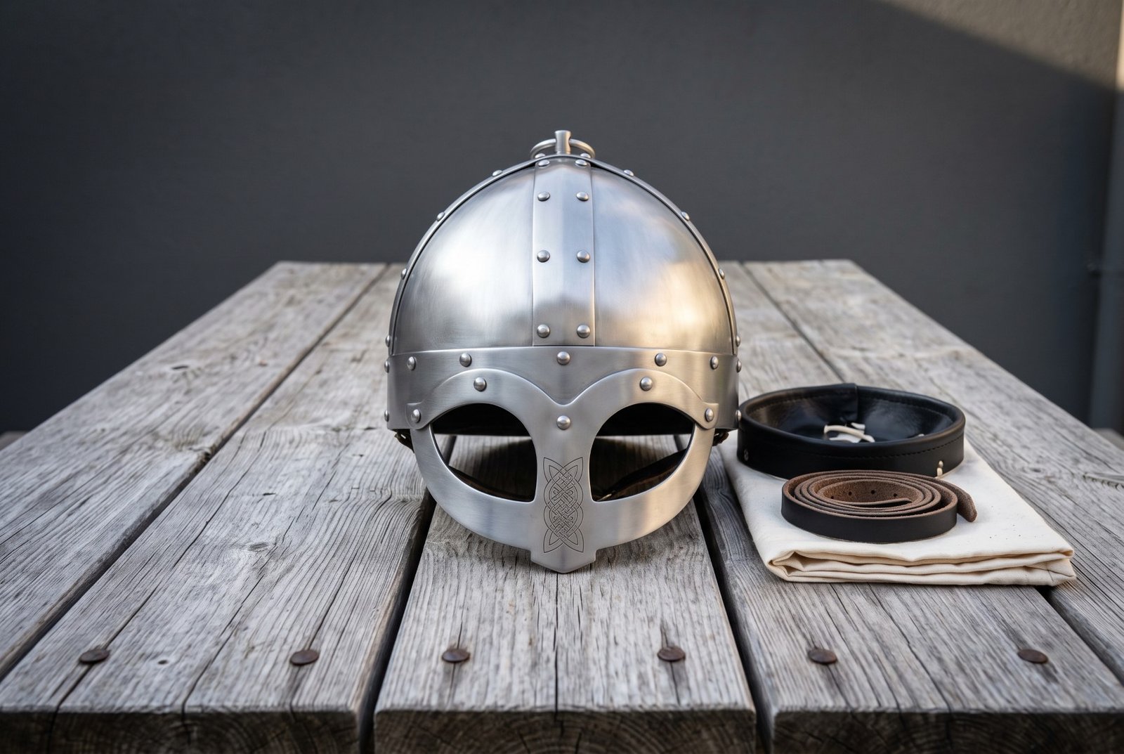 Skyglass hand forged Viking spectacle helmet in polished 18 gauge steel with riveted eye guards and brow band resting on a weathered timber table beside its padded leather liner
