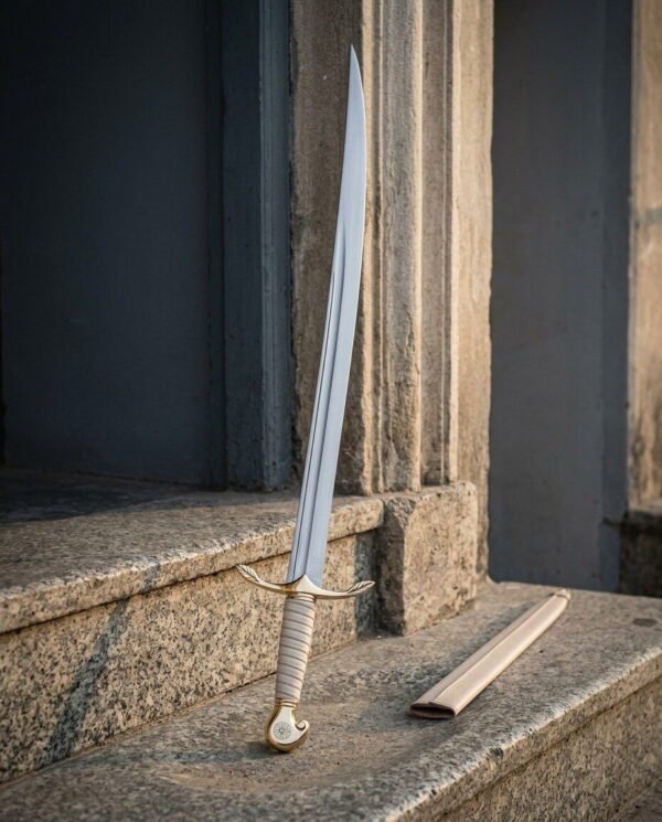 Palewind Hand Forged Brass Hilted Sabre with Leaf Shaped Quillons | 34 Inch Overall Length | Curved Blade, Pale Leather Grip and Matching Scabbard | Ceremonial Display Gift | RK-1816