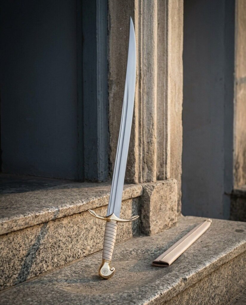 Slender hand forged brass hilted sabre with leaf shaped quillons and a pale leather wrapped grip standing on granite steps beside a cream leather scabbard
