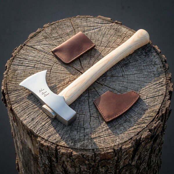 Small hand forged viking hand axe with struck rune marks on a polished head and a pale ash handle lying on a cut tree stump beside two stitched leather sheaths
