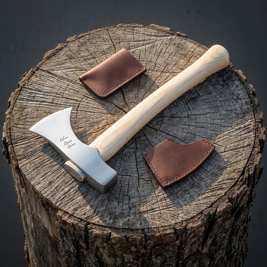 Small hand forged viking hand axe with struck rune marks on a polished head and a pale ash handle lying on a cut tree st Small hand forged viking hand axe with struck rune marks on a polished head and a pale ash handle lying on a cut tree stump beside two stitched leather sheaths