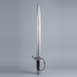 Spadroon practice sword with a pierced openwork shell guard, ball finial quillon, onion pommel and ray skin grip bound with wire, a round steel blunting ball fitted over the point, against a plain grey studio backdrop