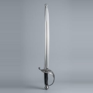 Spadroon practice sword with a pierced openwork shell guard, ball finial quillon, onion pommel and ray skin grip bound with wire, a round steel blunting ball fitted over the point, against a plain grey studio backdrop