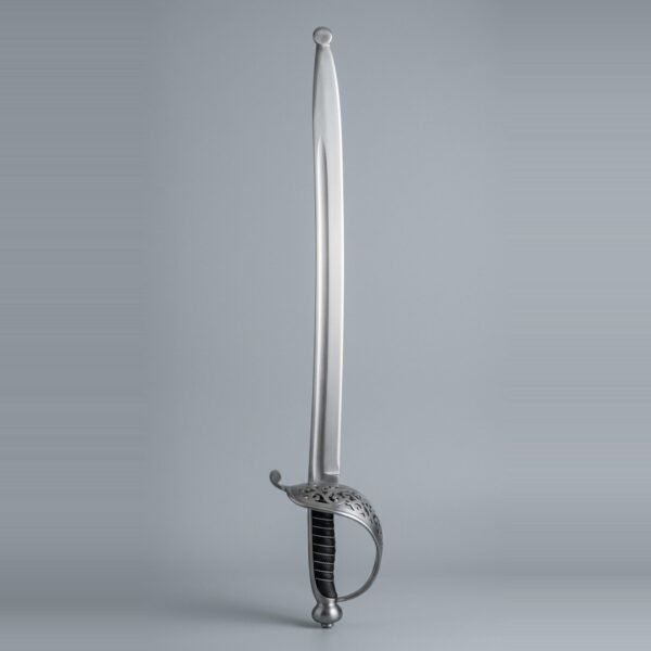 Spadroon practice sword with a pierced openwork shell guard, ball finial quillon, onion pommel and ray skin grip bound with wire, a round steel blunting ball fitted over the point, against a plain grey studio backdrop