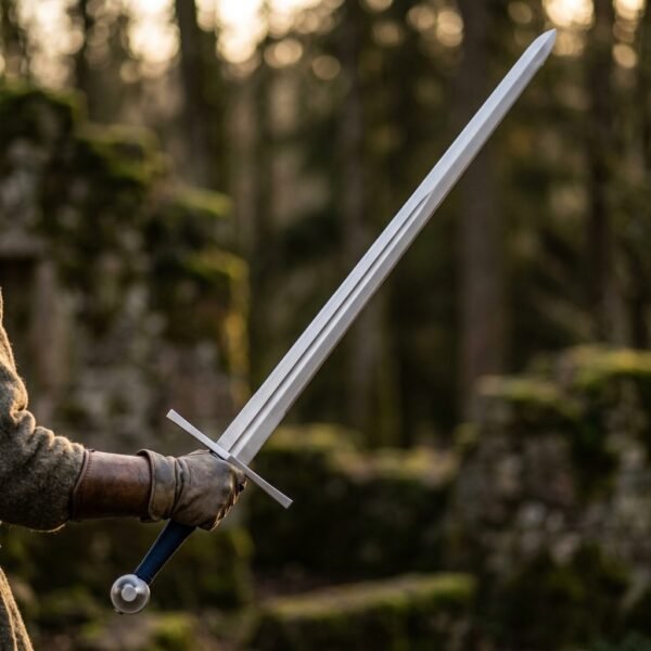 Spring steel blunt longsword with straight cross and wheel pommel held up in a gloved hand among mossy ruins