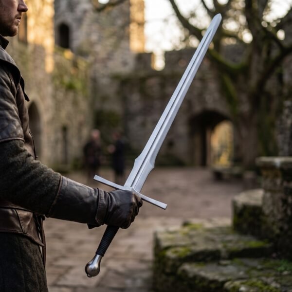 Spring steel feder trainer held upright in a gloved hand in a stone castle courtyard with people in the background