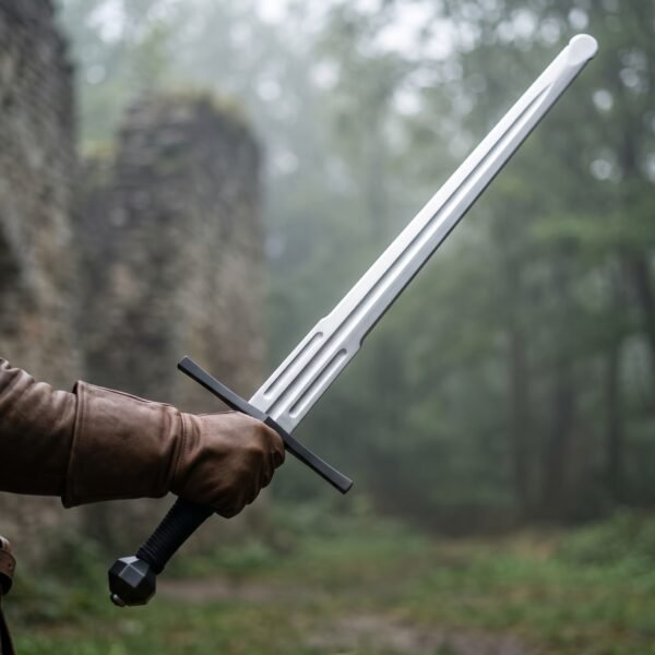 Spring steel longsword trainer with rolled tip, black cord grip and faceted black pommel held out in a misty ruin