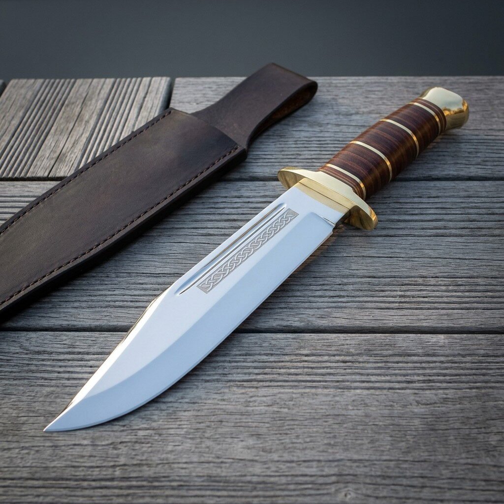 Stacked leather bowie knife with a mirror polished 1095 clip point blade, brass double guard and knotwork etching lying on grey barn boards beside a brown sheath