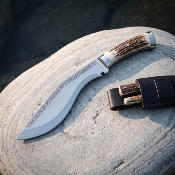 Stag handle kukri knife in polished 1095 steel resting on a smooth grey boulder beside its brown leather sheath holding two small stag handled companion blades.