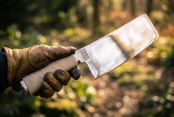 Stainless kitchen cleaver with a tall rectangular blade, knotwork panel and cream cord wrapped handle held in a leather glove