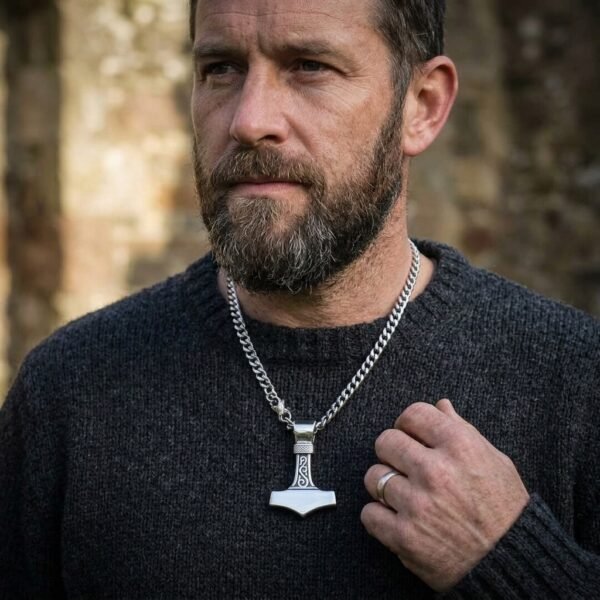 Stainless steel Mjolnir pendant on a heavy curb chain worn by a bearded man in a dark wool jumper outdoors
