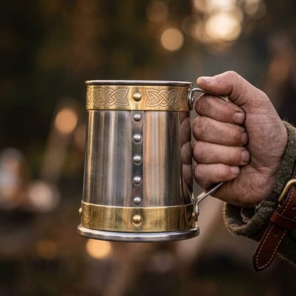 Stainless steel tankard with engraved brass knotwork band and riveted seam held by the formed steel handle in warm evening light