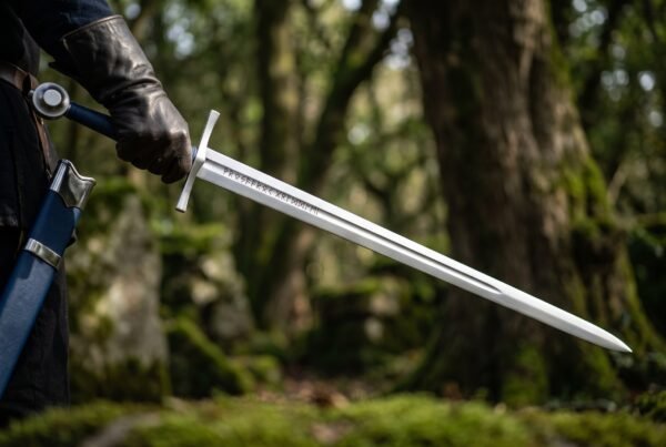 Steel arming sword with blue leather grip held by a gloved hand in a mossy woodland, blade pointing to the ground