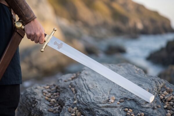 Steel arming sword with brass guard and pommel held by a hand in a leather bracer over sea rocks, hammer etched on the blade, tide pools behind