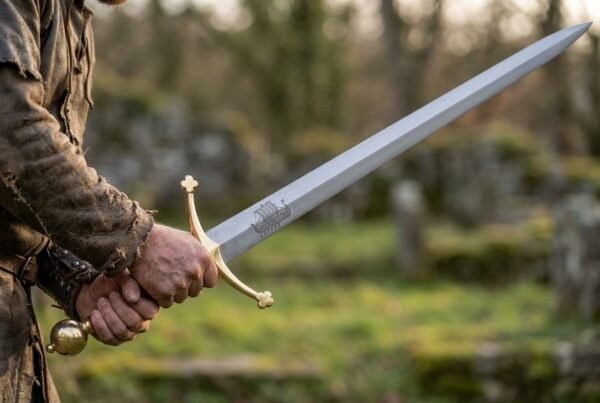 Steel arming sword with a brass trefoil guard and longship etched blade held by a man in a rough tunic in front of a ruined stone wall