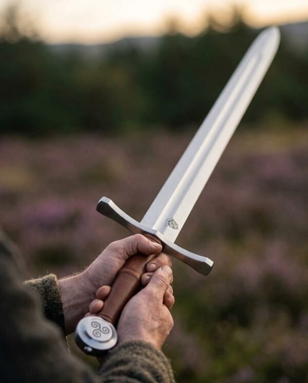 Steel arming sword with a broad fullered blade held point up in both hands over purple heather, triskele engraved disc pommel and brown leather grip