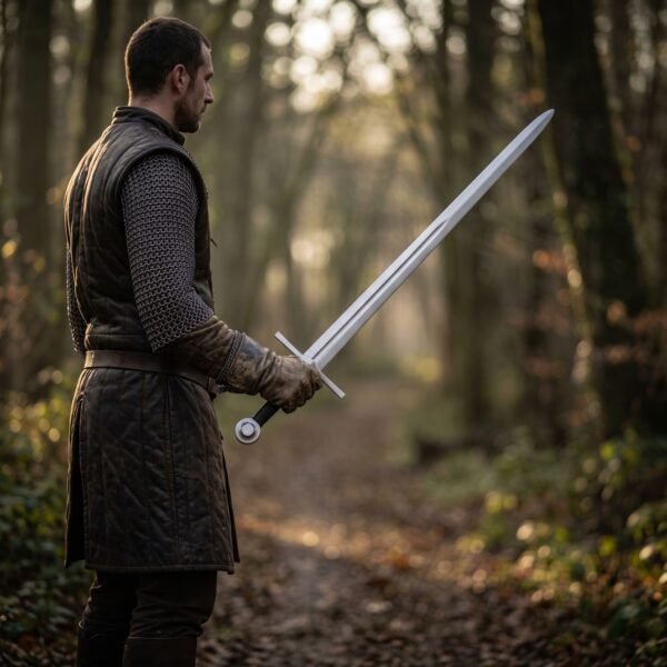 Steel arming sword trainer with wheel pommel and black grip held at the side by a man in a gambeson on a forest path