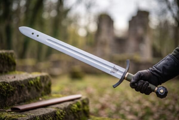 Steel arming sword with wolf etched blade held by a gloved hand over mossy stone steps by a ruin, olive green grip, brown scabbard on the step