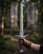 Steel barbed sword with spiked crossguard and pointed tip held upright by a gloved hand in sunlit woodland