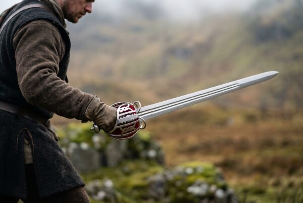 Steel basket hilt broadsword held in a gloved hand by a man in a wool tunic, long fullered blade pointing across a hillside