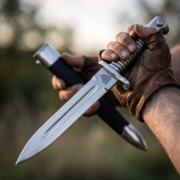 Steel bayonet with ribbed grip, Valknut etching and fullered spear point blade held beside its black scabbard