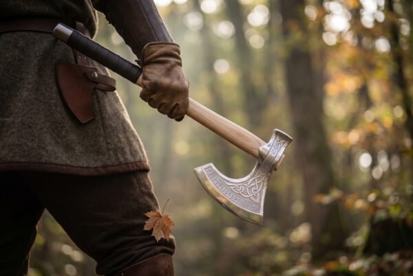 Steel bearded axe with an etched rune band and knotwork cheeks on a pale ash haft, carried at the hip by a man in a wool tunic in autumn woods