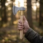 Steel bearded axe with runes engraved along the cheek, brass collar and pale ash haft with brass butt cap held up by a hand in a sunlit forest