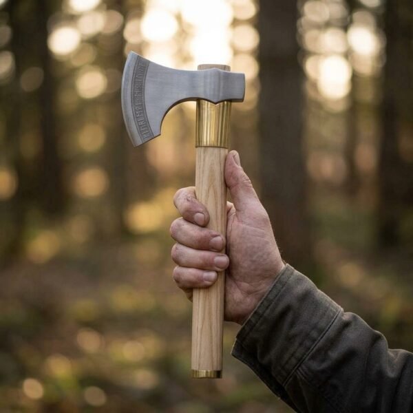 Steel bearded axe with runes engraved along the cheek, brass collar and pale ash haft with brass butt cap held up by a hand in a sunlit forest