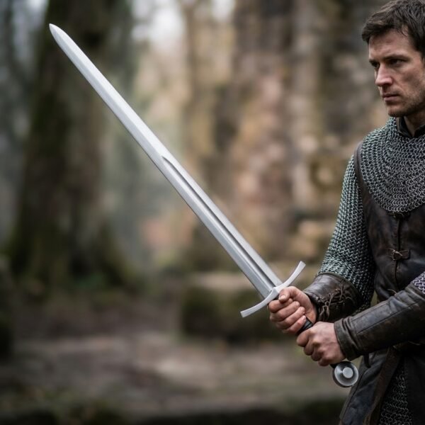 Steel blunt longsword held two handed by a man in mail beside a mossy ruin, fuller visible to mid blade
