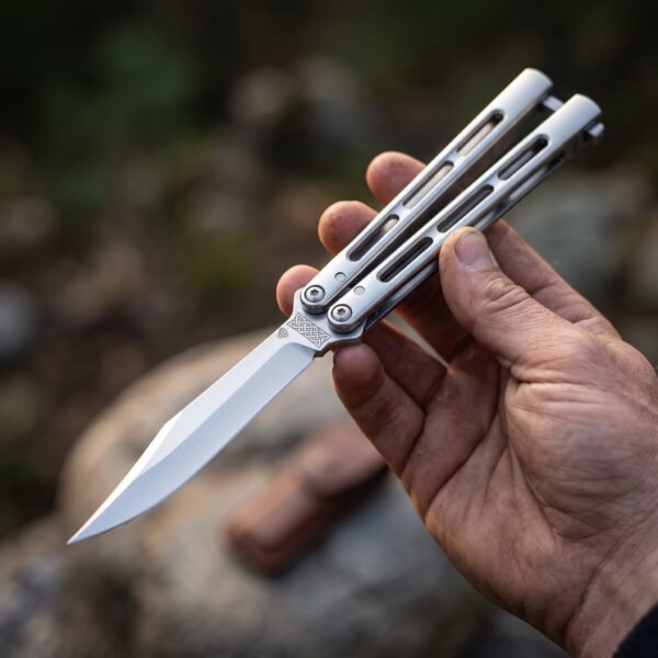 Steel butterfly knife with skeletonised polished handles opened in one hand, clip point blade against blurred rock