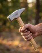 Steel cross pein blacksmith hammer with an engraved Mjolnir mark, the ash handle gripped in a fist with trees blurred behind
