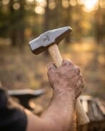 Steel cross pein blacksmith hammer with a Mjolnir engraving on the cheek and a pale ash handle, held up in a hand against a sunlit forest