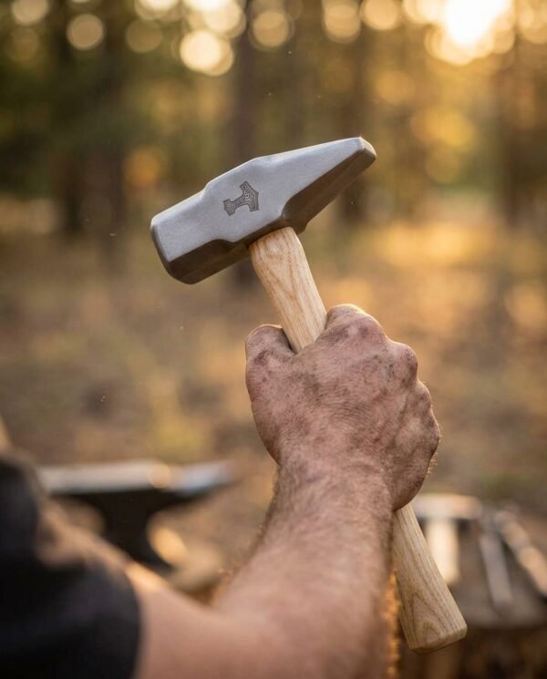 Steel cross pein blacksmith hammer with a Mjolnir engraving on the cheek and a pale ash handle, held up in a hand against a sunlit forest