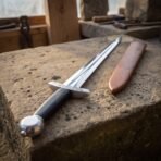 Steel dagger with black leather grip, disc pommel and knotwork cut guard lying on a sandstone block beside its tan leather sheath