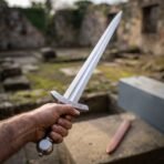 Steel dagger with knotwork cut guard and round pommel held up in a hand among old stone ruins, leather sheath on the wall