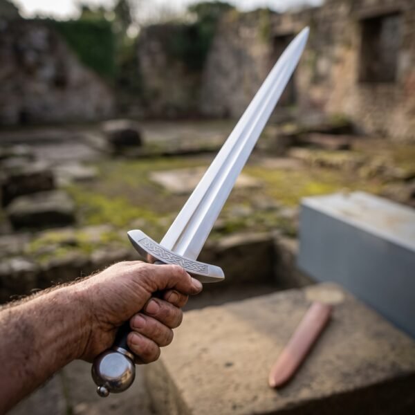 Steel dagger with knotwork cut guard and round pommel held up in a hand among old stone ruins, leather sheath on the wall