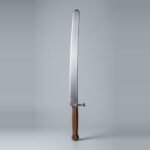 Steel dussack trainer with a nagel peened straight through the blade, no cross at all, wooden scales held by three steel rivets and a rounded blunt tip against a plain grey studio backdrop