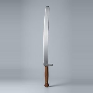 Steel dussack trainer with a nagel peened straight through the blade, no cross at all, wooden scales held by three steel rivets and a rounded blunt tip against a plain grey studio backdrop