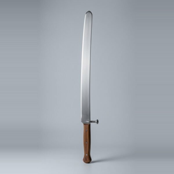 Steel dussack trainer with a nagel peened straight through the blade, no cross at all, wooden scales held by three steel rivets and a rounded blunt tip against a plain grey studio backdrop
