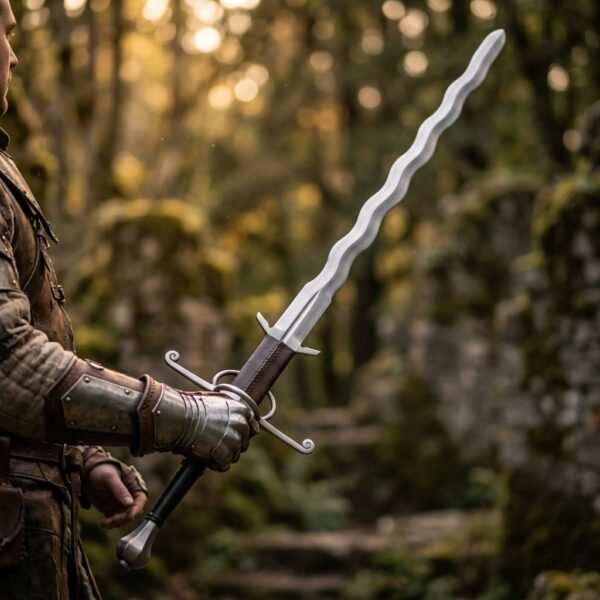 Steel flame bladed greatsword held upright by a man in leather and steel gauntlets in an autumn forest