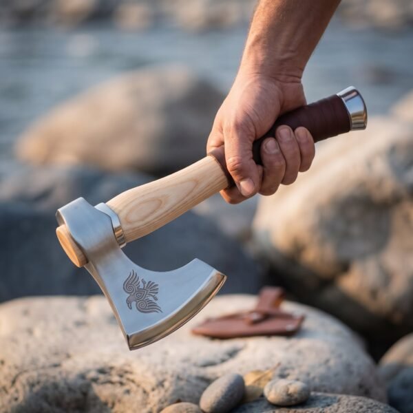 Steel hand axe hanging from a hand by the steel capped grip, raven etched head and sheath on rocks below