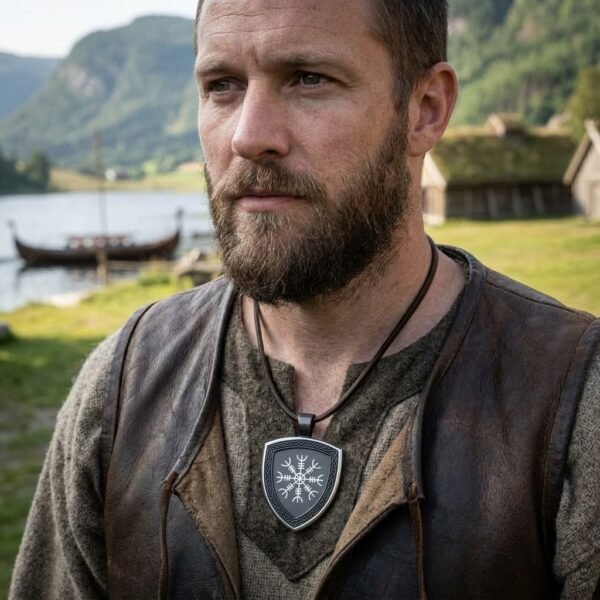 Steel helm of awe pendant with blackened shield face on a brown leather cord worn by a bearded man beside a lake