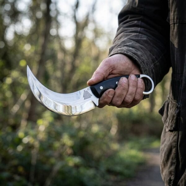 Steel karambit knife with curved polished blade, black micarta scales and finger ring held in a hand on a woodland path
