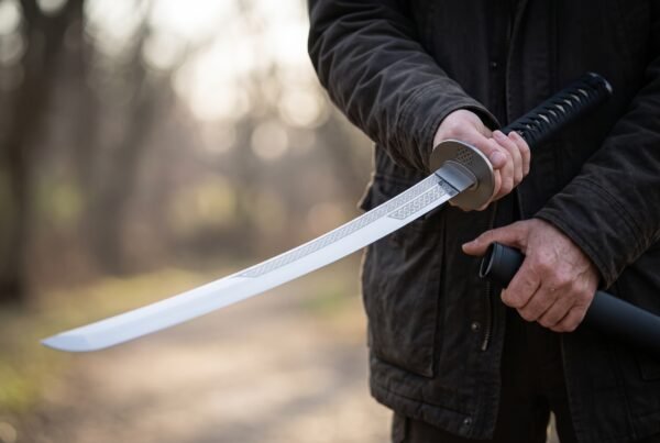Steel katana with etched knotwork band near the guard and black cord wrapped tsuka held out with the saya in the other hand