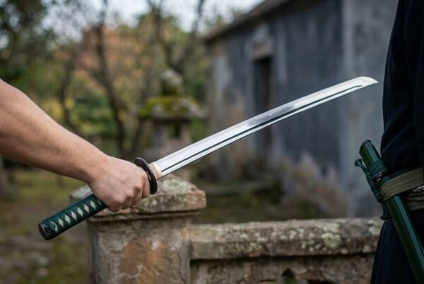 Steel katana with a green wrapped tsuka held out in one hand over a stone gate post, green lacquered saya at the waist