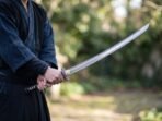 Steel katana held in both hands by a figure in a dark robe, curved blade raised against green trees