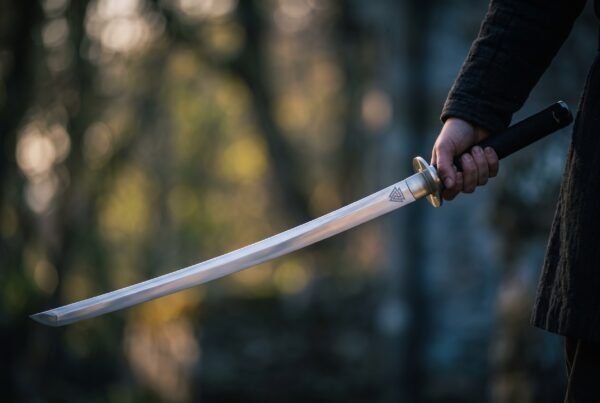 Steel katana with valknut etched blade held out in one hand in dark woodland, black saya held in the other hand behind