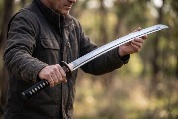 Steel katana with curved hamon blade held in both hands by a man in a dark jacket in the woods