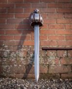 Steel knuckle bow sweeping back from the shell to a polished disc pommel over a black grip